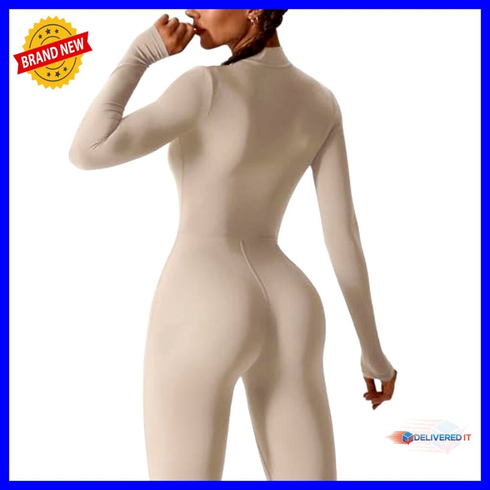 Long Sleeve Jumpsuit Romper Bodysuit Zip Up Workout Bodycon Sexy One Piece - Picture 5 of 6